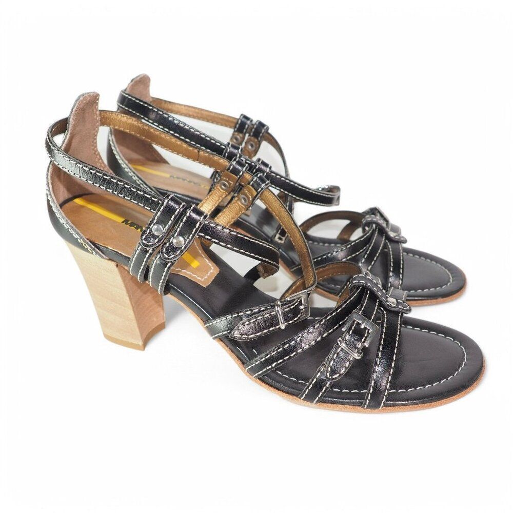 Manas Designs Strappy Leather Heeled Slingback Sandals Black Brown Women's 9/40 - Picture 4 of 10